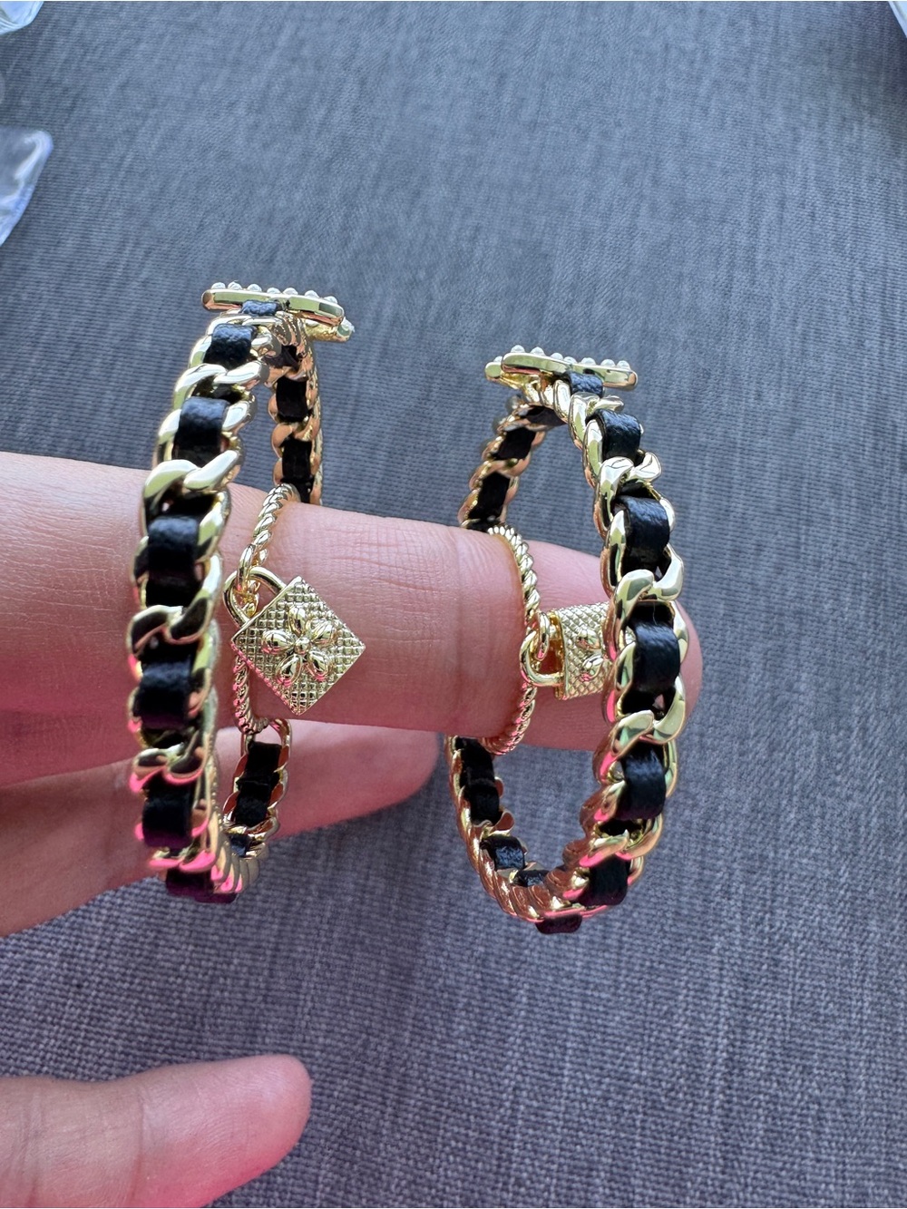 Luxury Gold and Black Chain-Link Hoop Earrings with CC Charms